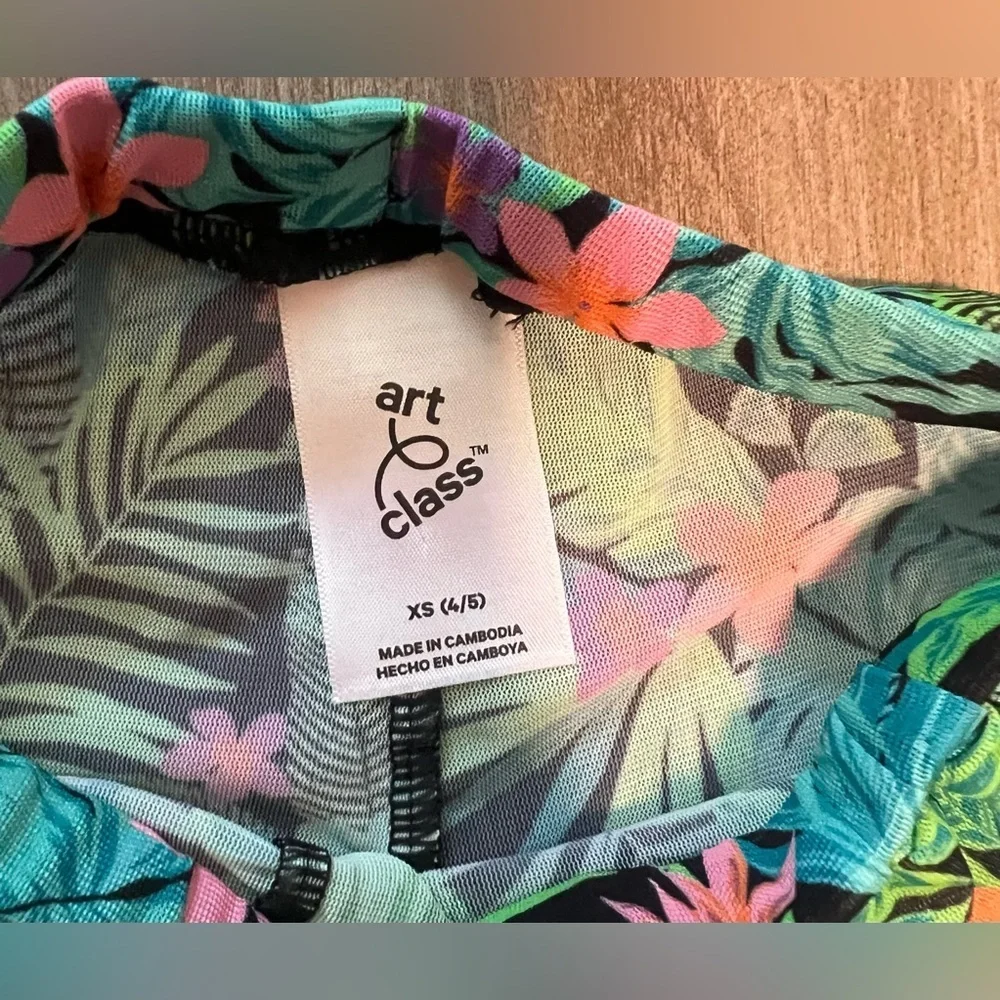 Girls Art Class Botanical Design 2 Piece Bathing Suit With Sheer Cover-up Pants